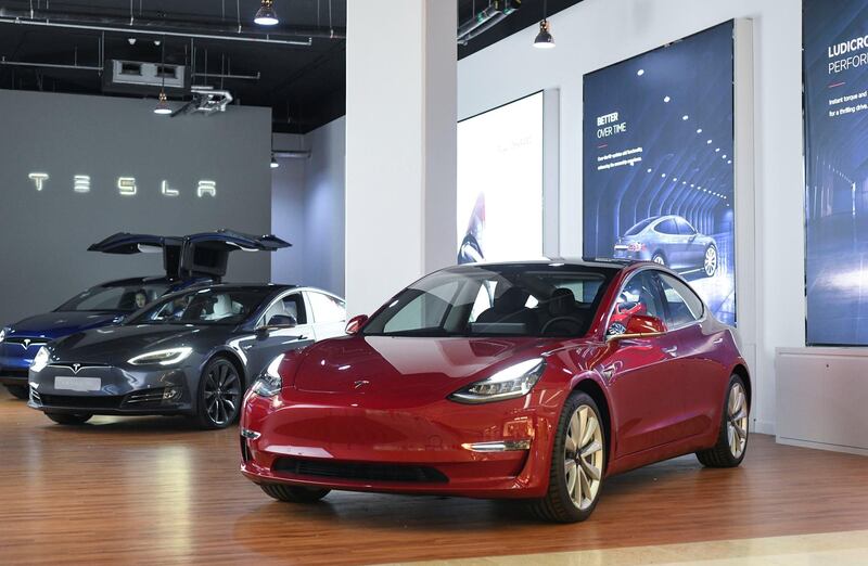 Abu Dhabi, United Arab Emirates - The new Model 3 Tesla at the newly opened pop up shop in Yas Mall. Khushnum Bhandari for The National
