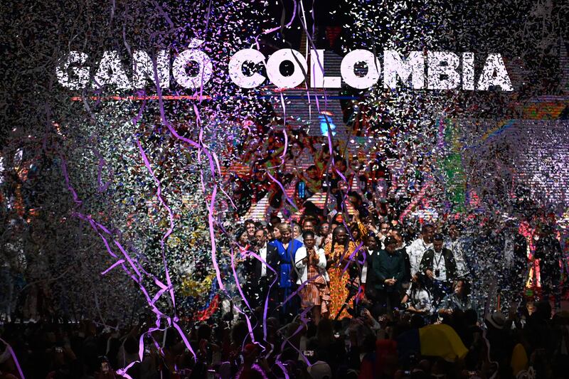 New Colombian President Gustavo Petro gives a victory speech alongside running mate Francia Marquez at the Movistar Arena in Bogota, after winning the election. The former guerrilla becomes the country's first left-wing president after beating rival Rodolfo Hernandez at the polls. AFP