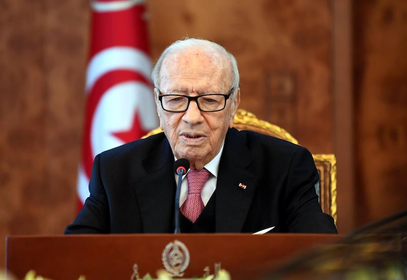 Tunisian President Beji Caid Essebsi attends a meeting with political parties, unions and employers on January 13, 2018 in Tunis, following unrest triggered by austerity measures.
The North African country has been shaken by a wave of protests over poverty and unemployment during which hundreds have been arrested before the unrest tapered off. / AFP PHOTO / FETHI BELAID