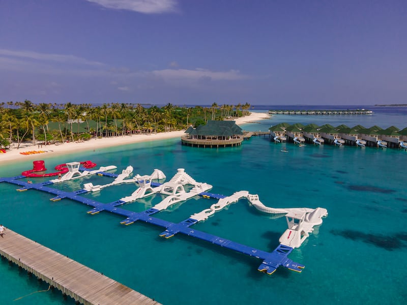 The resort is home to the largest floating water park in the Maldives 
