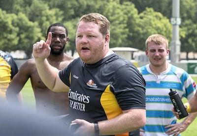 Dubai, United Arab Emirates - Coach Mike Wernham speaking with the team at the Rugby Dubai Hurricanes memorial match at  The Sevens, Dubai.  Ruel Pableo for The National