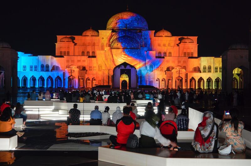 Abu Dhabi, United Arab Emirates, December, 1, 2020.  The 49th UAE National Day celebrations at Qasr Al Watan.  Projector show, Palace in Motion, Colors of the UAE.
Victor Besa/The National
Section:  National News