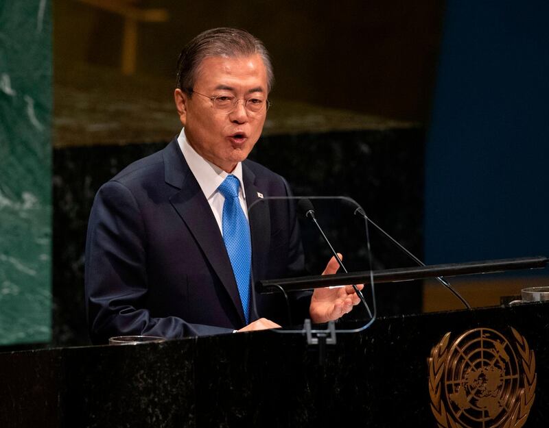 Moon Jae-in, President of South Korea speaks during the United Nations General Assembly at the United Nations Headquarters in New York City.  AFP