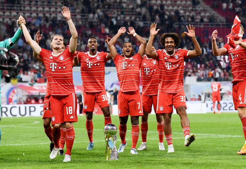 Bayern Munich's Marcel Sabitzer celebrates with teammates after winning the German Super Cup against RB Leipzig  on July 30, 2022. Reuters