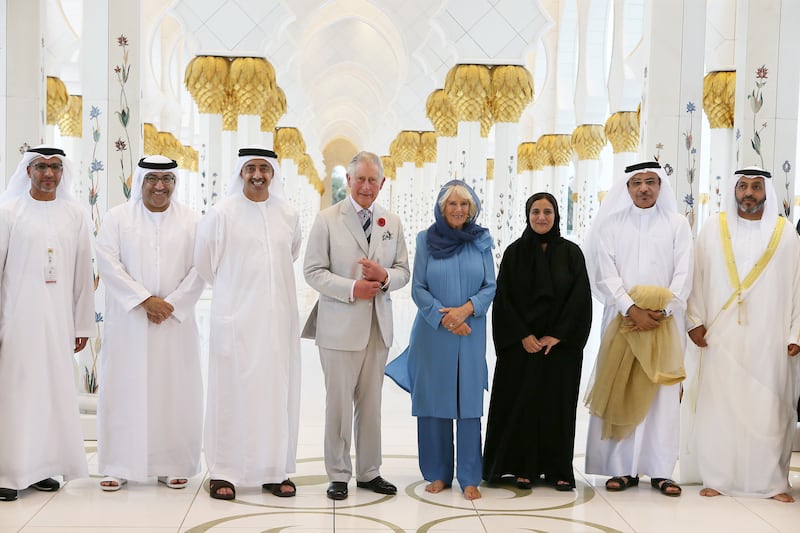 ABU DHABI, UNITED ARAB EMIRATES - November 06, 2016: HRH Prince Charles Prince of Wales (4th L) and The Duchess of Cornwall (5th L), stands for a photo after a "Celebration of Tolerance" meeting at the Sheikh Zayed Grand Mosque. Seen with Yusef Al Obaidly, Director General of the Sheikh Zayed Grand Mosque Centre (L), HE Abdul Rahman Mohamed Al Owais, UAE Minister of Health and Prevention (2nd L), HH Sheikh Abdullah bin Zayed Al Nahyan, UAE Minister of Foreign Affairs and International Cooperation (3rd L) and HE Dr Mohamed Matar Salem bin Abid Al Kaabi, Chairman of the UAE General Authority of Islamic Affairs and Endowments (L).  

( Pawan Singh for the Crown Prince Court - Abu Dhabi )
--- *** Local Caption ***  20161106-PS-SZM33.jpg
