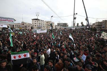 Syrians gather to commemorate the ten years anniversary of the uprising against the Syrian government in Idlib, North-west Syria. EPA
