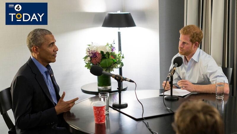 In this undated BBC handout photo made available on Wednesday, Dec. 27, 2017, former President of the United States Barack Obama, left is interviewed by Britain's Prince Harry for the BBC Radio 4 Today programme that he guest edited.  Obama told Prince Harry in an interview broadcast Wednesday, Dec. 27, 2017, that he felt serene the day he left the White House despite the sense that much important work remained unfinished. (BBC Radio 4 Today/PA via AP)