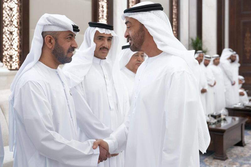 ABU DHABI, UNITED ARAB EMIRATES - May 28, 2019: HH Sheikh Mohamed bin Zayed Al Nahyan, Crown Prince of Abu Dhabi and Deputy Supreme Commander of the UAE Armed Forces (R), greets HE Ahmed Mohamed Al Humairi, the Secretary-General of the Ministry of Presidential Affairs (L), during an iftar reception, at Al Bateen Palace.

( Eissa Al Hammadi for the Ministry of Presidential Affairs )
---