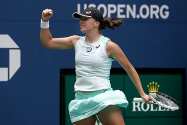 Iga Swiatek of Poland celebrates after defeating Jule Niemeier of Germany at the conclusion of their fourth round match of the US Open Tennis Championships at the USTA National Tennis Center in the Flushing Meadows, New York, USA, 05 September 2022.  The US Open runs from 29 August through 11 September.   EPA / PETER FOLEY