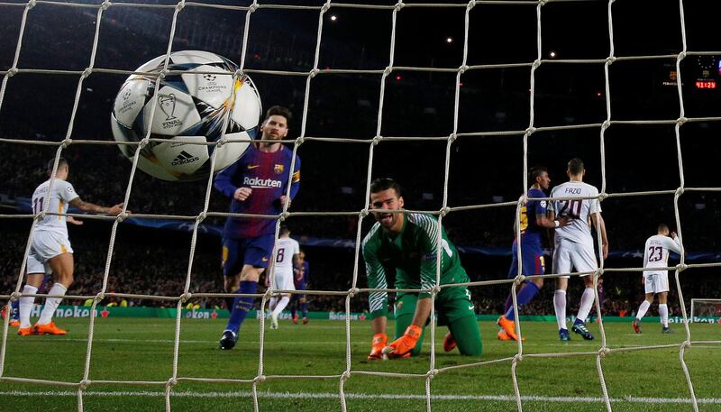 Soccer Football - Champions League Quarter Final First Leg - FC Barcelona vs AS Roma - Camp Nou, Barcelona, Spain - April 4, 2018   Roma's Alisson Becker looks dejected after conceding the fourth goal   REUTERS/Juan Medina