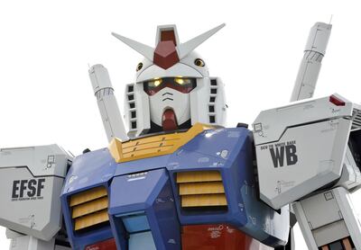 An 18-metre tall statue of popular TV animation hero, Gundam flashes its eyes at a press preview at a Tokyo park on July 10, 2009. The huge statue of life sized robot hero stands for the commemoration of the 30th anniversary of the first broadcast of the animation "Mobile Suit Gundam". The statue will be opened to the public from July 11 through the end of August to attract summer vacationers and will also be used to promote Tokyo's bid for the 2016 Olympic Games. AFP PHOTO/YOSHIKAZU TSUNO (Photo by - / AFP)