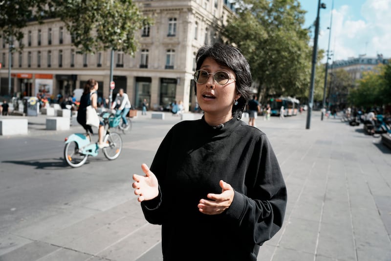 Afghan filmmaker Shahrbanoo Sadat speaks in Paris, France, before attending a gathering held to show solidarity with the women of Afghanistan. AP