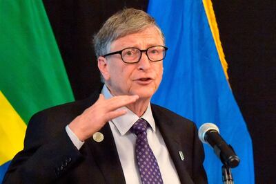 (FILES) In this file photo taken on February 9, 2019 US philanthropist and Microsoft founder Bill gates gestures as he speaks during the "Africa leadership meeting, investing in health", ahead of an African Union summit in Ethiopia's capital Addis Ababa. Jeff Bezos remains the world's richest person, ahead of Bill Gates and Warren Buffett, according to the latest Forbes list of the ultra wealthy. But while things are largely stable up top in that ranking, Facebook founder Mark Zuckerberg dropped three spots and former New York mayor Michael Bloomberg rose by two. According to the list announced March 4, 2019 by Forbes, the riches of Bezos, 55, have swelled by $19 billion in one year and he is now worth $131 billion. / AFP / SIMON MAINA
