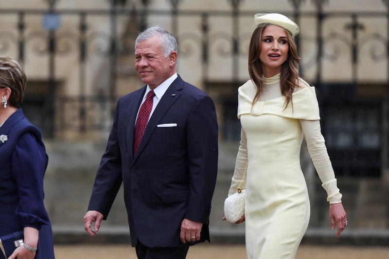 King Abdullah II of Jordan and Queen Rania arrive to attend the coronation ceremony for Britain's King Charles and Queen Consort Camilla, at Westminster Abbey. Reuters