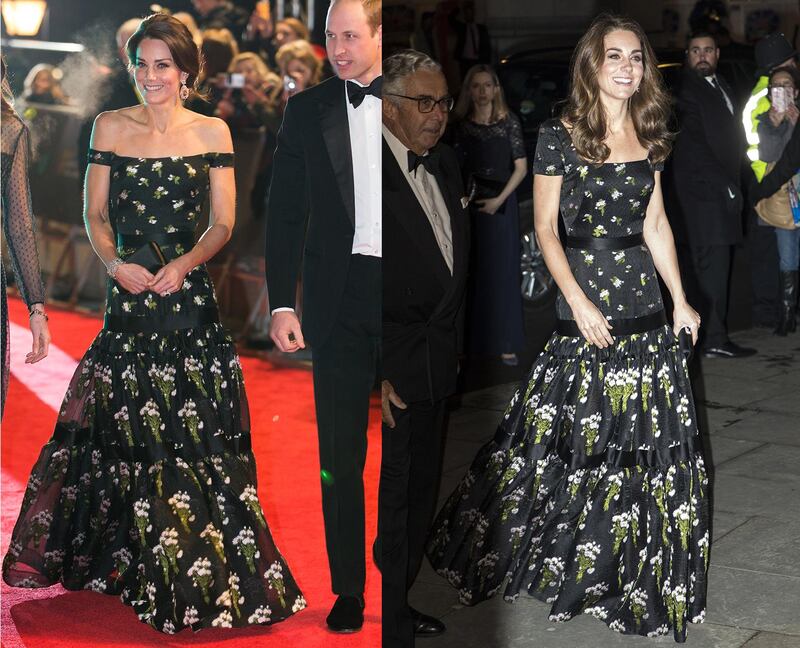 Another recycled Alexander McQueen dress from the Duchess. This floral dress was first worn off the shoulder for the 2017 Baftas, but was given another outing (and a slight sleeve alteration) for the 2019 National Portrait Gala. AFP/ REUTERS