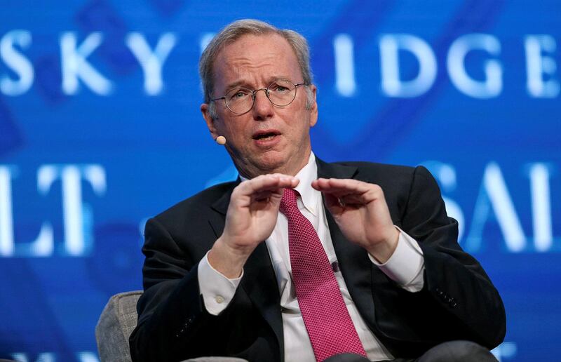 FILE PHOTO: Eric Schmidt, chairman of Alphabet Inc., speaks during the SALT conference in Las Vegas, Nevada, U.S. May 17, 2017.  REUTERS/Richard Brian/File Photo