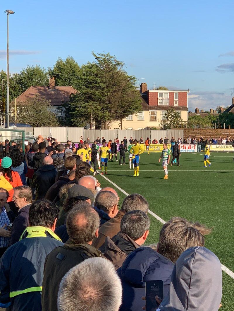 Handout photo taken with permission from the Twitter feed of View From the Ninian during the FA Cup fourth qualifying round match between Haringey Borough and Yeovil Town at Coles Park Stadium, London. PA Photo. Issue date: Saturday October 19, 2019. Haringey Borough’s players walked off the field, forcing the abandonment of their FA Cup qualifier with Yeovil, after making allegations of racial abuse, the club have said on their Twitter account. See PA story SOCCER Racism. Photo credit should read: @ViewFromTheNin/PA Wire. NOTE TO EDITORS: This handout photo may only be used in for editorial reporting purposes for the contemporaneous illustration of events, things or the people in the image or facts mentioned in the caption. Reuse of the picture may require further permission from the copyright holder.