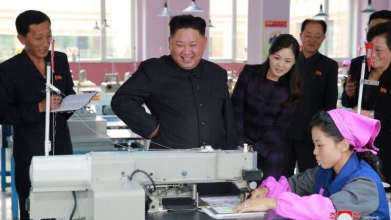 Kim Jong-un visited a shoe factory in Pyongyang with his rarely-seen wife. Picture: KCNA