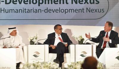 (L to R) Saudi advisor to the Royal Court and Supervisor General of KSC center Abdullah al-Rabeeah, Director-General of World Health Organization Tedros Adhanom Ghebreyesus, and Assistant Secretary of the UN Secretary-General for Human Affairs Mark Lowocock, take part in a panel discussion during the Riyadh International Humanitarian Forum in Saudi Arabia on March 1, 2020. / AFP / FAYEZ NURELDINE
