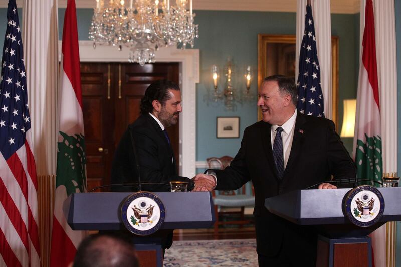 WASHINGTON, DC - AUGUST 15: U.S. Secretary of State Mike Pompeo shakes hands with Lebanese Prime Minister Saad Hariri after they spoke to members of the media at the State Department August 15, 2019 in Washington, DC. Prime Minister Hariri had a meeting with Secretary Pompeo prior to the remarks and it is his third visit to Washington as Lebanons Prime Minister.   Alex Wong/Getty Images/AFP
== FOR NEWSPAPERS, INTERNET, TELCOS & TELEVISION USE ONLY ==
