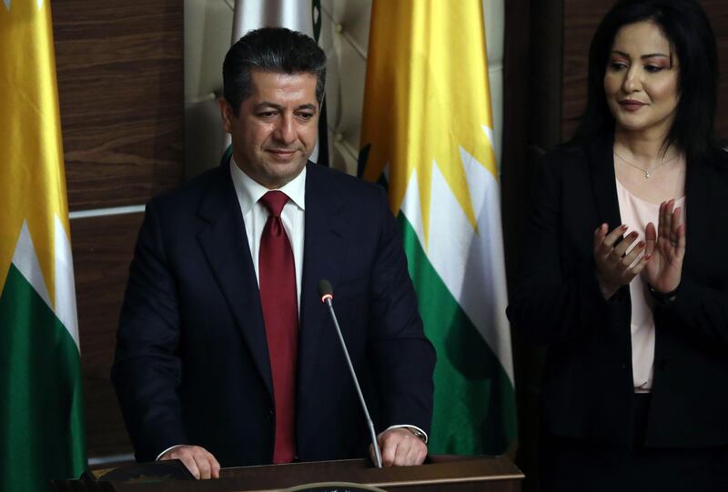 Masrour Barzani swears-in as Prime Minister of Iraq's new Kurdistan Regional Government (KRG), in Arbil, the capital of northern Iraq's Kurdish autonomous region on July 10, 2019. A new regional government came into power in Iraqi Kurdistan today, but the key post of oil minister remained unassigned and therefore de facto managed by new prime minister Masrour Barzani.
Barzani was appointed premier nearly a month ago by his cousin Nechirvan Barzani, who had served as prime minister for seven years before he was elected president in June. / AFP / SAFIN HAMED
