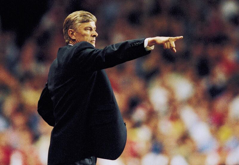 21 Aug 2001:  Arsenal Manager Arsene Wenger makes a point during the FA Barclaycard Premiership match between Arsenal and Leeds United played at Highbury in London.  Leeds won the match 2 - 1. \ Mandatory Credit: Phil Cole /Allsport
