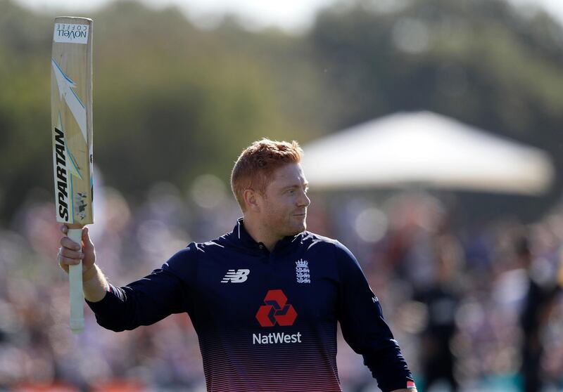 England's Jonny Bairstow waves to the crowd as he leaves the field after he was dismissed for 104 runs during their one day cricket international against New Zealand in Christchurch, New Zealand, Saturday, March 10, 2018. (AP Photo/Mark Baker)