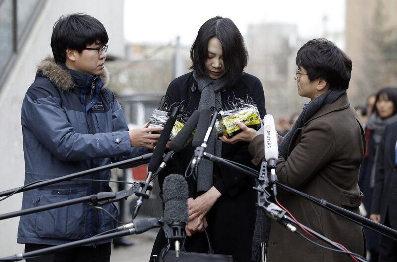 Cho Hyun-ah, who was head of cabin service at Korean Air and the oldest child of Korean Air chairman Cho Yang-ho, apologises over the ‘nut rage’ incident. Lee Jin-man / AP Photo