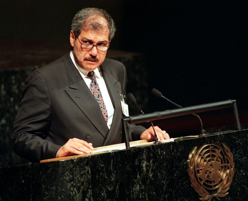 Fayez Tarawneh addresses the UN General Assembly as Jordan's foreign minister in 1997. AFP