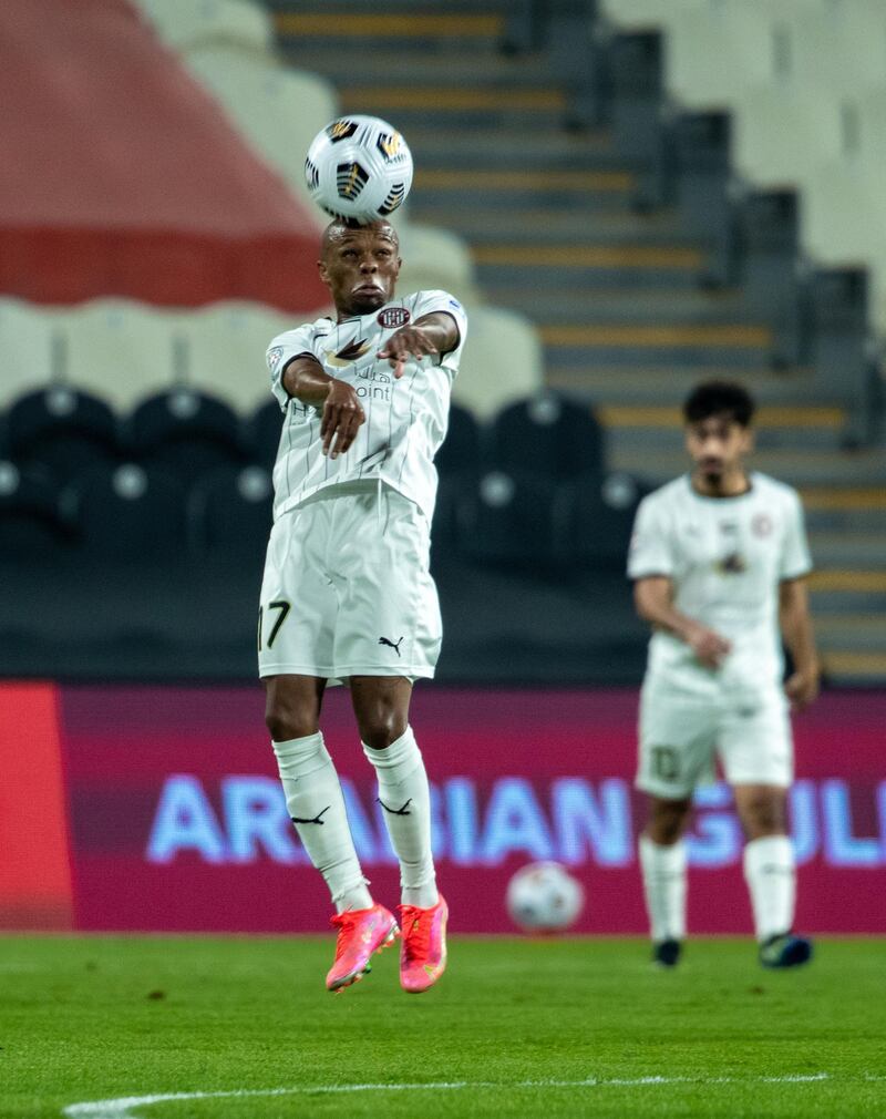Arabian Gulf League final round: Al Jazira v Khorfakkan at Mohamed bin Zayed stadium. Serero of Jazira heads the ball during the first half of the game on May 11th, 2021. Victor Besa / The National.
