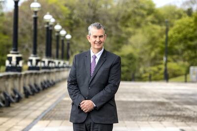 Edwin Poots, Northern Ireland Minister of Agriculture, Environment, and Rural Affairs (DAERA) poses outside StormontÃ•s Parliament Buildings ahead of his bid to become leader of the Democratic Unionist Party (DUP). Picture date: Monday May 10 2021. (Photo by Liam McBurney/PA Images via Getty Images)