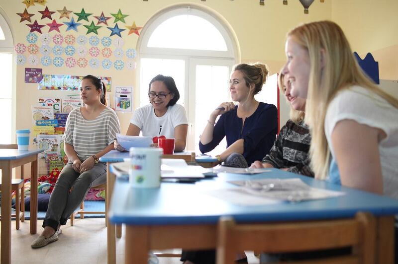 Star International School teachers prepare for the new school year in a curriculum meeting. The school will devote extra energy to maths, science, English and Arabic. Photos Lee Hoagland / The National

