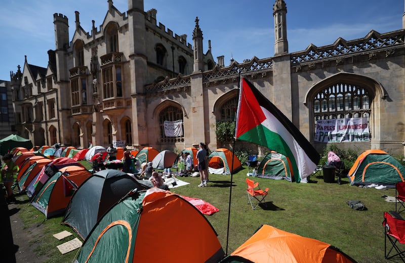 Students at King's College Cambridge University camp out in solidarity with Palestinians, in Cambridge, Britain, on May 9. EPA