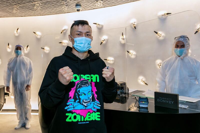 Jung Chan Sung arrives at W Abu Dhabi - Yas Island hotel ahead of UFC Fight Night. Courtesy UFC