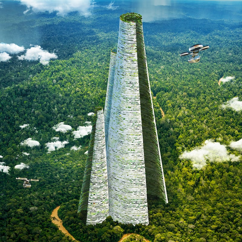 A rendering of the 750-metre high vertical city forest that has been designed as solution to the challenges created by continued urban sprawl.