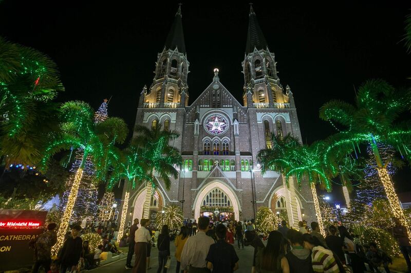 St Mary's Cathedral lit up for a Christmas eve church service in Yangon, Myanmar.  AFP