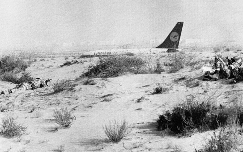 Armed commandos maintain a vigil on a hijacked Lufthansa jetliner in Dubai, the United Arab Emirates, Oct. 15, 1977. Harry Koundakjian / AP Photo