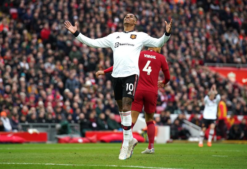 Manchester United's Marcus Rashford after missing a chance during their Premier League thrashing at Liverpool. PA