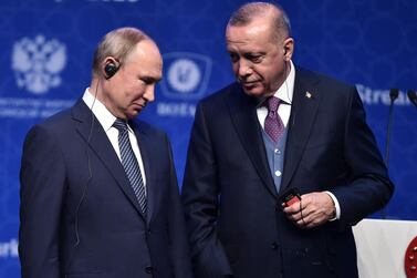 Russian President Vladimir Putin, left, and Turkish President Recep Tayyip Erdogan at the TurkStream inauguration in January. Relations between Moscow and Ankara are strained over Idlib.  AFP 