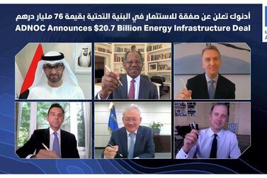 Clockwise from top left, Dr Sultan Al Jaber, Adnoc Group chief executive, Global Infrastructure Partners chairman Adebayo Ogunlesi, Brookfield chief executive Bruce Flatt, Snam chief executive Marco Alvera, chief executive of NH Investment & Securities Young-Chae Jeong and Ziad Hindo of the Ontario Teachers' Pension Plan Board. Courtesy Adnoc 