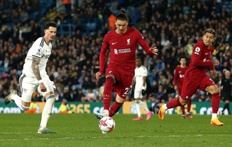 Darwin Nunez of Liverpool controls the ball before scoring the sixth goal . EPA