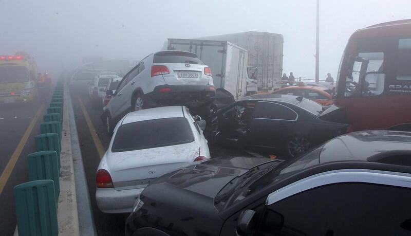 The crash occurred in the morning in a Seoul-bound lane and was likely aggravated by thick fog and icy road conditions, Byeon said. James Park / EPA