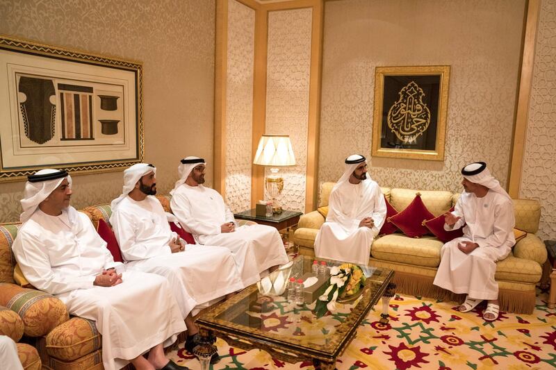 DUBAI, UNITED ARAB EMIRATES - November 03, 2018: (L-R) HH Lt General Sheikh Saif bin Zayed Al Nahyan, UAE Deputy Prime Minister and Minister of Interior, HH Sheikh Nahyan Bin Zayed Al Nahyan, Chairman of the Board of Trustees of Zayed bin Sultan Al Nahyan Charitable and Humanitarian Foundation, HH Sheikh Mohamed bin Zayed Al Nahyan Crown Prince of Abu Dhabi Deputy Supreme Commander of the UAE Armed Forces, HH Sheikh Mohamed bin Rashid Al Maktoum, Vice-President, Prime Minister of the UAE, Ruler of Dubai and Minister of Defence and HH Sheikh Hazza bin Zayed Al Nahyan, Vice Chairman of the Abu Dhabi Executive Council, attend a reception for the KhalifaSat engineering team, at Al Zabeel Palace.  

( Hamad Al Kaabi / Crown Prince Court - Abu Dhabi )
---