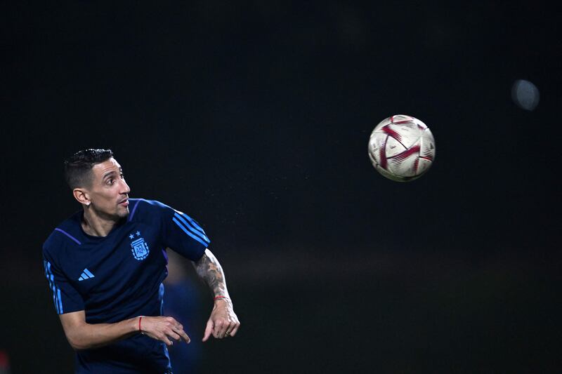 Argentina midfielder Angel Di Maria takes part in a training session at Qatar University. AFP