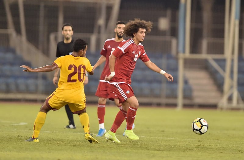 Omar Abdulrahman, right, in action for the UAE in their friendly victory against Sri Lanka in Bahrain. UAE FA