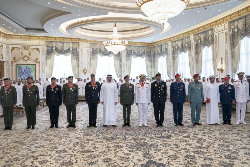 ABU DHABI, UNITED ARAB EMIRATES - April 08, 2019: HH Sheikh Mohamed bin Zayed Al Nahyan Crown Prince of Abu Dhabi Deputy Supreme Commander of the UAE Armed Forces (9th R), stands for a photograph with members of the UAE Armed Forces received Emirates Military Medals, during a Sea Palace barza. Seen with Rear Admiral Pilot HH Sheikh Saeed bin Hamdan bin Mohamed Al Nahyan, Commander of the UAE Naval (R), HE Major General Ibrahim Nasser Al Alawi, Commander of the UAE Air Forces and Air Defence (2nd R),  HH Sheikh Mohamed bin Suroor Al Nahyan (6th R) and HE Lt General Hamad Thani Al Romaithi, Chief of Staff UAE Armed Forces (8th R).

( Ryan Carter for the Ministry of Presidential Affairs )
---