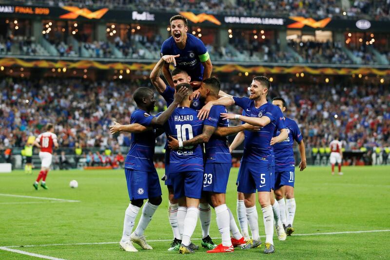 Hazard and Chelsea celebrate their success. Reuters