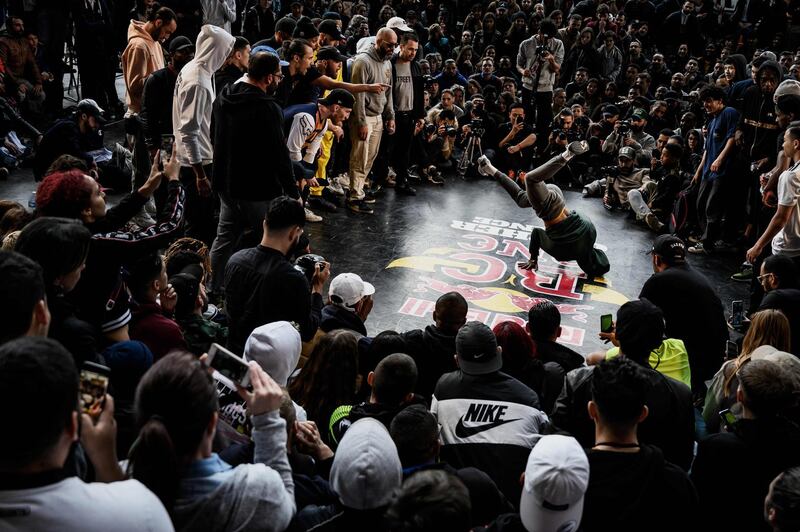 A breakdance competitor performs during the French final of the Red Bull BC One Cypher competition in Lyon. AFP