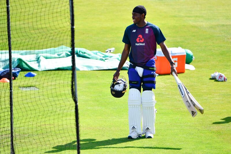 England's Jofra Archer prepares to bat in the nets. AFP