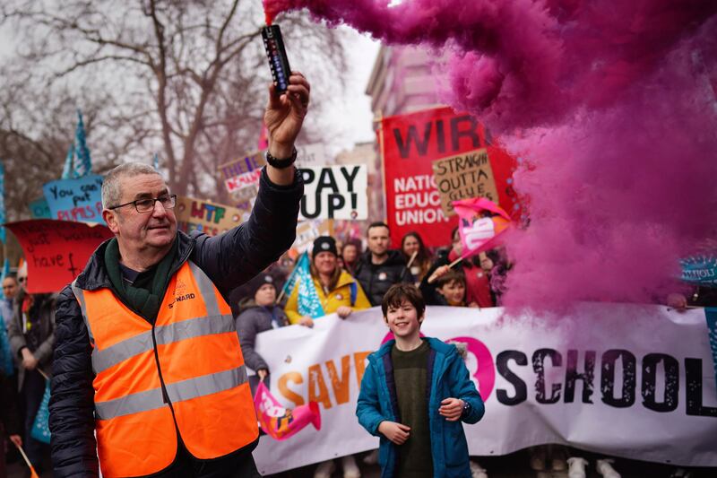 National Education Union members pictured on Park Lane as they march to Trafalgar Square. AP